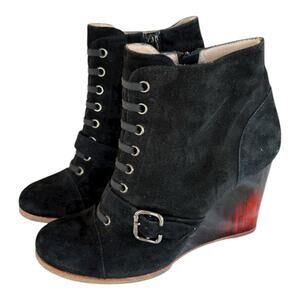 Rebecca Sanver Black Suede Booties Sz 6.5 Amber Lucite Heels Anthropologie EUC